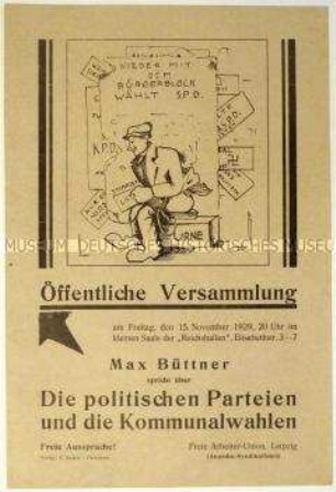 Ankündigung einer Versammlung der Freien Arbeiter-Union am 15. November 1929 in Leipzig zur bevorstehenden Stadtverordnetenwahl