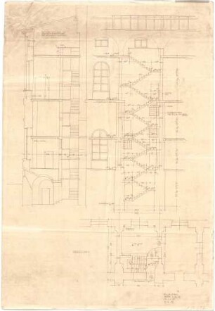 Döllgast, Hans; München; Alte Pinakothek, Wiederaufbau - Treppe (Grundriss; Ansicht; Schnitt)