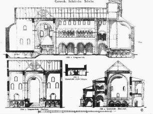 Gernrode, ehem. Stiftskirche St. Cyriakus, Längsschnitt, Längsschnitt Querhaus, Querschnitte Mittelschiff und Krypta