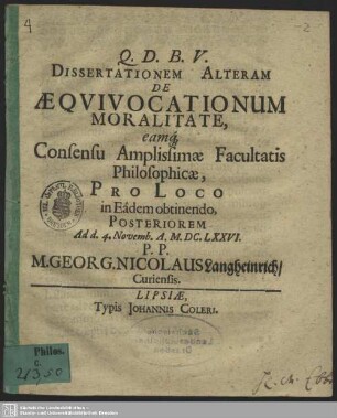 2: Aequivocationum moralitas, breviter examinata, ... disputatione