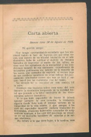 Carta abierta : Buenos Aires 20 de agosto de 1908.