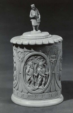 Dose mit Deckel, mit bergmännischen Szenen und Bergmann als Deckelfigur