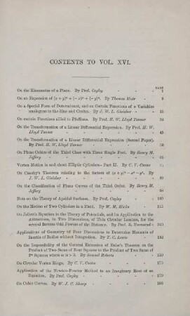 Contents to vol. XVI.