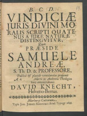 Vindiciae Iuris Divini Moralis Scripti Quatenus A Iure Naturae Distinguitur