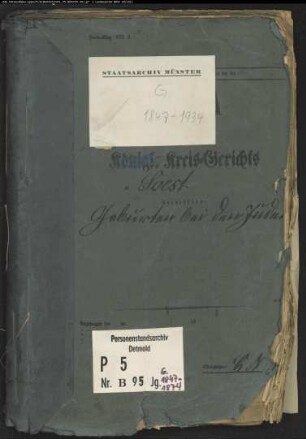 Belegakte zu den Zivilstandsregistern der Juden mit den Orten Bettinghausen, Dinker, Eickelborn, Hovestadt, Körbecke, Lohne, Oestinghausen, Ostönnen, Sassendorf, Soest, Welver und Weslarn (G 1847-1874)