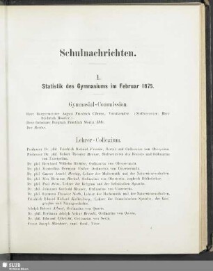 I. Statistik des Gymnasiums im Februar 1875