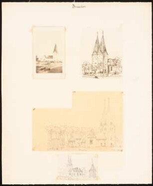 Kirche und Friedhof, Broacker/Broager: Foto mit Seitenansicht der Kirche und Friedhof mit Soldaten (aufgenommen kurz nach dem 18. April 1864? Düppeler Schanzenschlacht), perspektivische Ansicht der Turmfront, perspektivische Seitenansicht nach Trap 368 (Durchzeichnung)