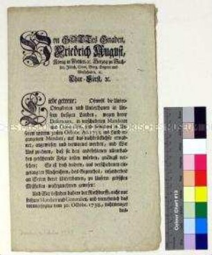 Mandat von Friedrich August II. Kurfürst von Sachsen betreffend Behandlung von Deserteuren sowie Räubern, Dieben und Bettlern