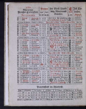 1780. Allgemeiner Reichs-Calender. September.
