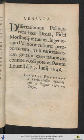 Censura & Authoris dispositio circa Privilegium.