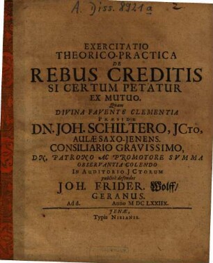 Exercitatio theor. pract. de rebus creditis, si certum petatur ex mutuo