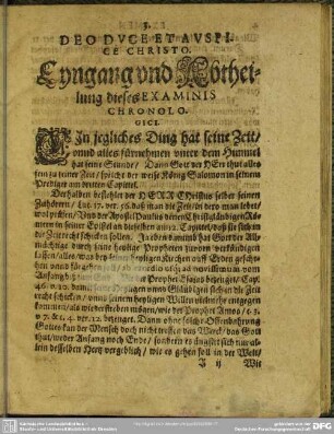Eyngang und Abtheilung dieses Examinis Chronologici