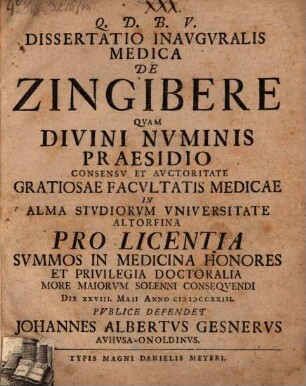 Dissertatio Inavguralis Medica De Zingibere