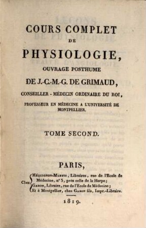 Cours complet de Physiologie : Ouvrage posthume, Vol. 2 (1819)