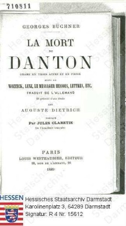 Büchner, Georg, Dr. phil. (1813-1837) / Titelblatt der 1889 von Auguste Dietrich verbreiteten französischen Ausgabe von 'Dantons Tod'
