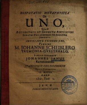 Disputatio Metaphysica De Uno