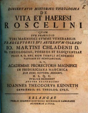 Dissertatio historico-theologica de vita et haeresi Roscelini