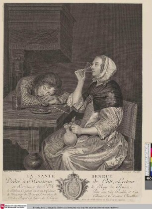 LA SANTÉ RENDUE [Frau sitzt mit schlafenden Mann an einem Tisch und trinkt]