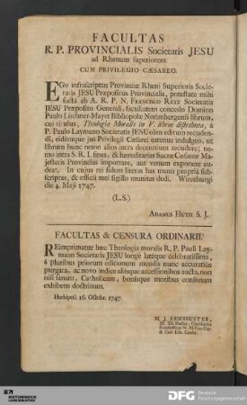 Facultas & Censura Ordinarii.