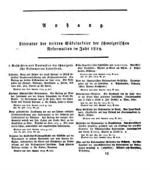 Anhang. Literatur der dritten Säkularfeier der schweizerischen Reformation im Jahr 1819
