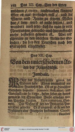 Das XII. Cap.: Von den unterschiedenen Arten der Reimschlüsse