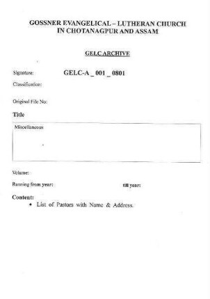 Names and Addresses of Pastors
