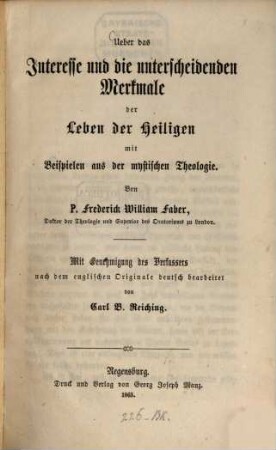 Ueber das Interesse und die unterscheidenden Merkmale der Leben der Heiligen mit Beispielen aus der mystischen Theologie
