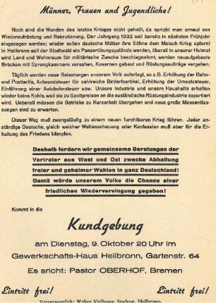 Flugblatt für eine Kundgebung gegen Wiederaufrüstung und für gesamtdeutsche Wahlen im Gewerkschaftshaus