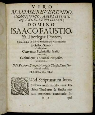 Viro Maxime Reverendo [...] Domino Isaaco Faustio [...]
