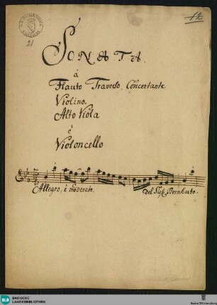 Sonatas - Mus. Hs. 21 : fl, vl, a-vla, bc; B|b