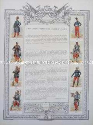 Uniformdarstellung, Rüstungen und Uniformen von Soldaten des 4. Bataillons der Afrikanischen Leichten Infanterie und Zeittafel von Schlachten und Belagerungen mit Beteiligung dieses Bataillons bzw. seiner Vorläufer, Frankreich, 1833-1894.