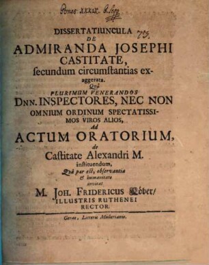 Dissertatiuncula de admiranda Josephi castitate, secundum circumstantias exaggerata
