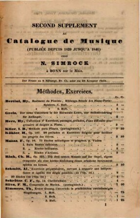 Catalogue du Fonds de Musique de N. Simrock à Bonn. [3]. 2. Supplément au Catalogue de Musique (publiée depuis 1839 jusqu'à 1846). - 1846. - 30 S., 4 Bl.