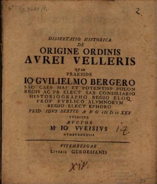 Dissertatio Historica De Origine Ordinis Avrei Velleris