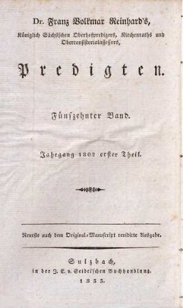 Predigten, 15. Predigten im Jahre 1802 bei dem Churfürstlichen Sächsischen evangelischen Hofgottesdienste zu Dresden gehalten