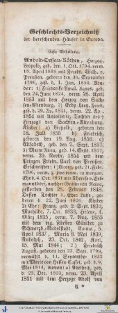 Geschlechts-Verzeichniß der herrschenden Häuser in Europa. Erste Abtheilung.
