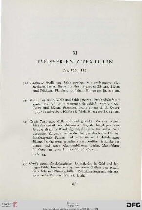 XI. Tapisserien, Textilien (Nr. 329-334)