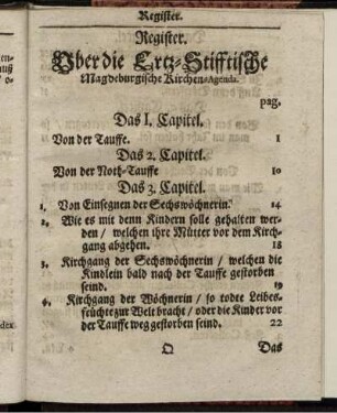 Register. Uber die Ertz-Stifftische Magdeburgische Kirchen-Agenda