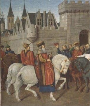 Grandes Chroniques de France — Empfang des Kaisers Karl IV. in Cambrai im Namen des Königs von Frankreich, Folio 443