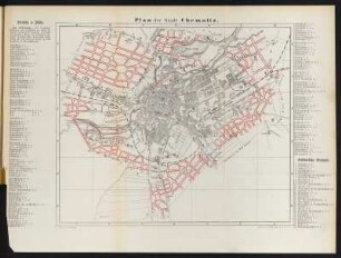 Plan von Chemnitz , Lithographie, 1868 : Plan der Stadt Chemnitz / gef. v. Trubenbach. - Chemnitz : Böhme, [1868]. - 1 Kt. : mehrfarb. Lithogr. ; 31 x 26 cm +++ Mit Straßenverz., Gebäudekennung, Bauplanung
