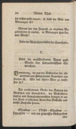 V. Ueber die verschiedenen Arten und Grade der subjectiven Gewisheit