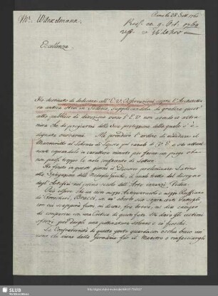 Mscr.Dresd.App.3140,8. - Eigenh. Brief von Johann Joachim Winckelmann an Graf Wackerbarth-Salmour, Rom, 28.09.1760