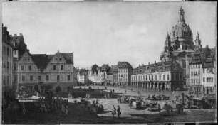 Der Neumarkt zu Dresden von der Moritzstraße aus : Bellotto, Bernardo, genannt Canaletto (1721-1780): Der Neumarkt zu Dresden von der Moritzstraße aus. Leinwand; 135 x 237 cm; 1750. Verwalter: Staatliche Kunstsammlungen Dresden, Gemäldegalerie Alte Meister, Gal.-Nr. 613