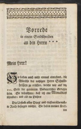 Vorrede in einem Sendschreiben an den Herrn ***