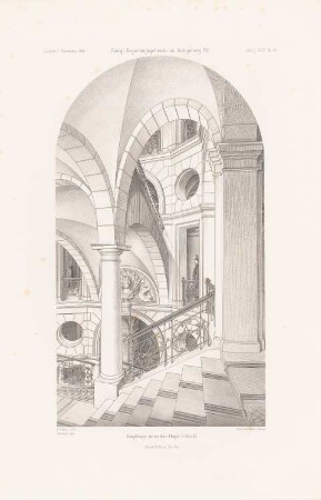 Königliches Regierungsgebäude, Königsberg: Perspektivische Innenansicht Haupttreppenhaus rechter Flügel 1.OG (aus: Atlas zur Zeitschrift für Bauwesen, hrsg. v. G. Erbkam, Jg. 32, 1882)