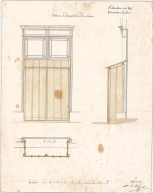 Voit, August von; München; Botanischer Garten - Palmenhaus - Vortüren der Seitenportale (Grundriss, Ansicht, Schnitt)