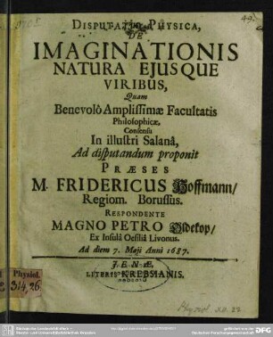 Disputatio Physica, De Imaginationis Natura Eiusque Viribus