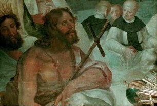 Der heilige Bernhard kniet vor Maria, die ihn mit der Milch der Weisheit nährt