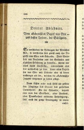 Dritter Abschnitt. Vom akademischen Begrif von Ehre - und dessen Tochter, der Schlägerey.
