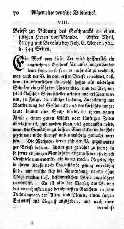 VIII. Briefe zur Bildung des Geschmacks an einen jungen Herrn von Stande.